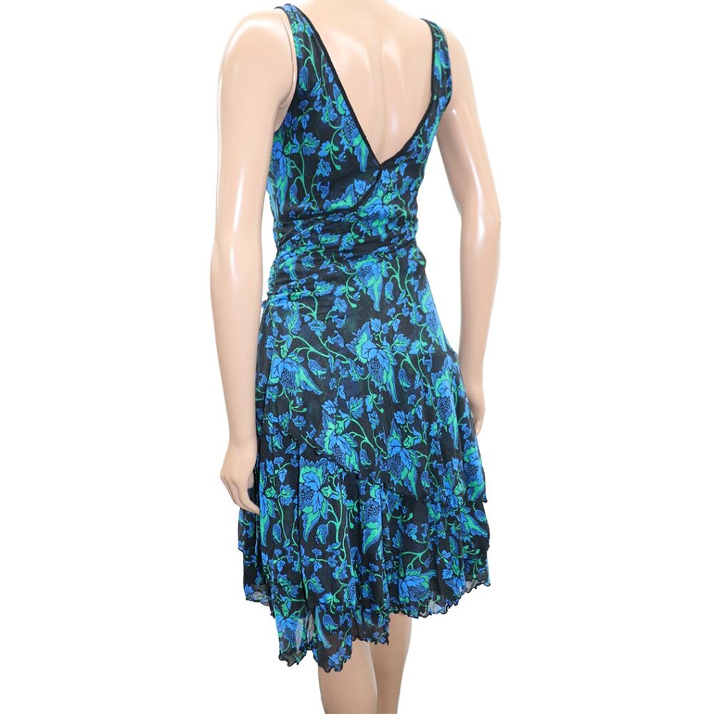 Y2K Blue Floral Mesh Mini Dress Ruched S-M - Picture 6 of 6